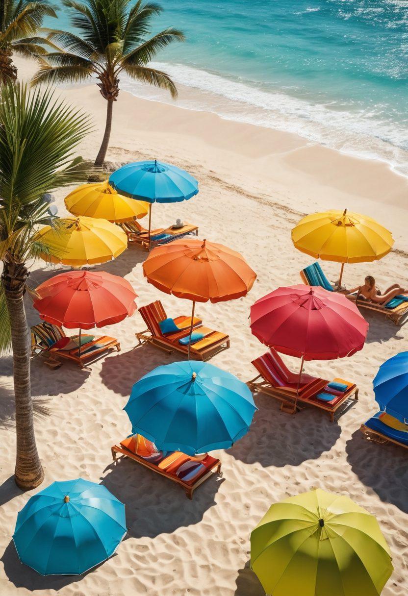 A vibrant beach scene featuring a diverse group of stylish women and men wearing colorful two-piece swimsuits, lounging on sunbeds, and enjoying tropical drinks. The background showcases crystal-clear waves and palm trees swaying in the warm summer breeze. The atmosphere is lively with beach balls and umbrellas adding to the summer vibe. Create a feeling of fun and relaxation, emphasizing the latest trends in swimwear. super-realistic. vibrant colors. sunny beach setting.